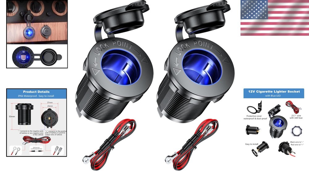 Durable Blue LED 12V Cigarette Lighter Socket 2 Pack - Waterproof & Eco-Friendly