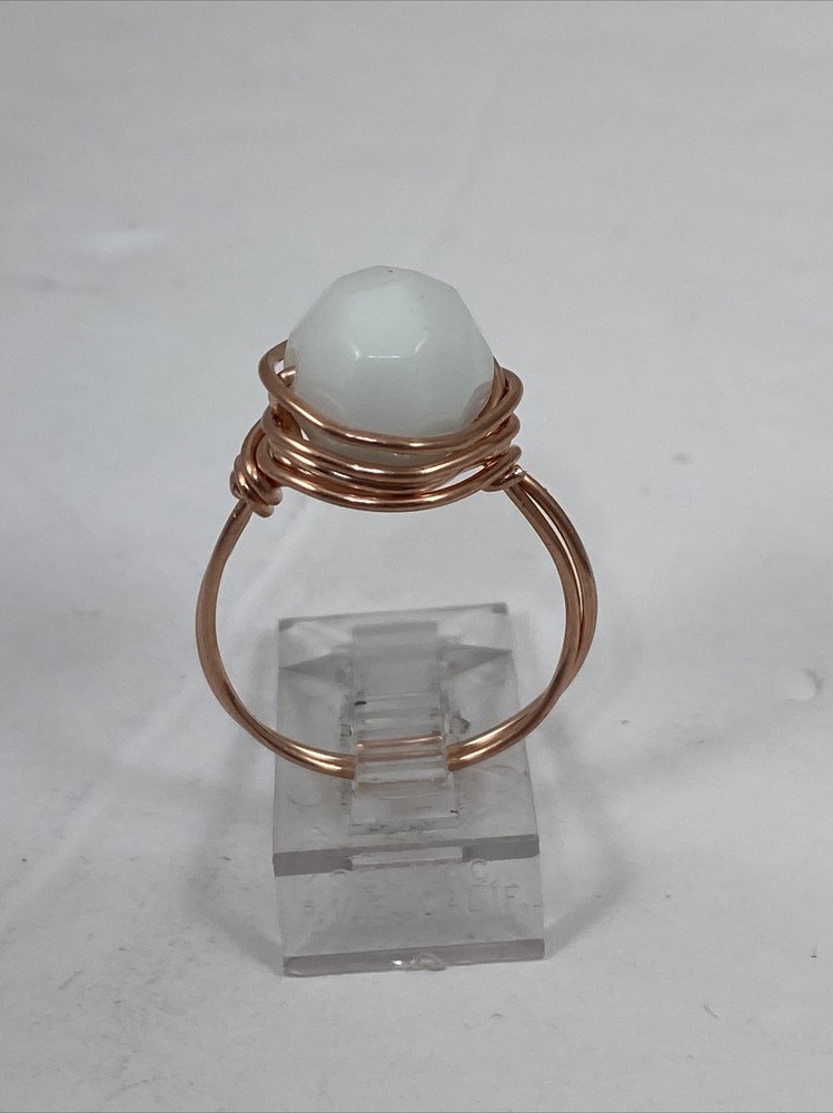 Handmade ~ Copper Wire Wrap ~ White Milk Glass Bead Ring ~ Size 8 #167
