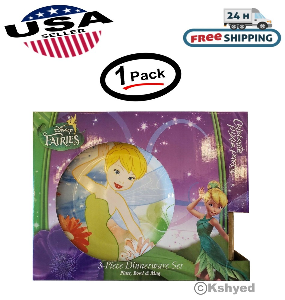 Disney Pixie Fairies Tinkerbell Ceramic 3 Piece Dinnerware Set- New - Free Ship