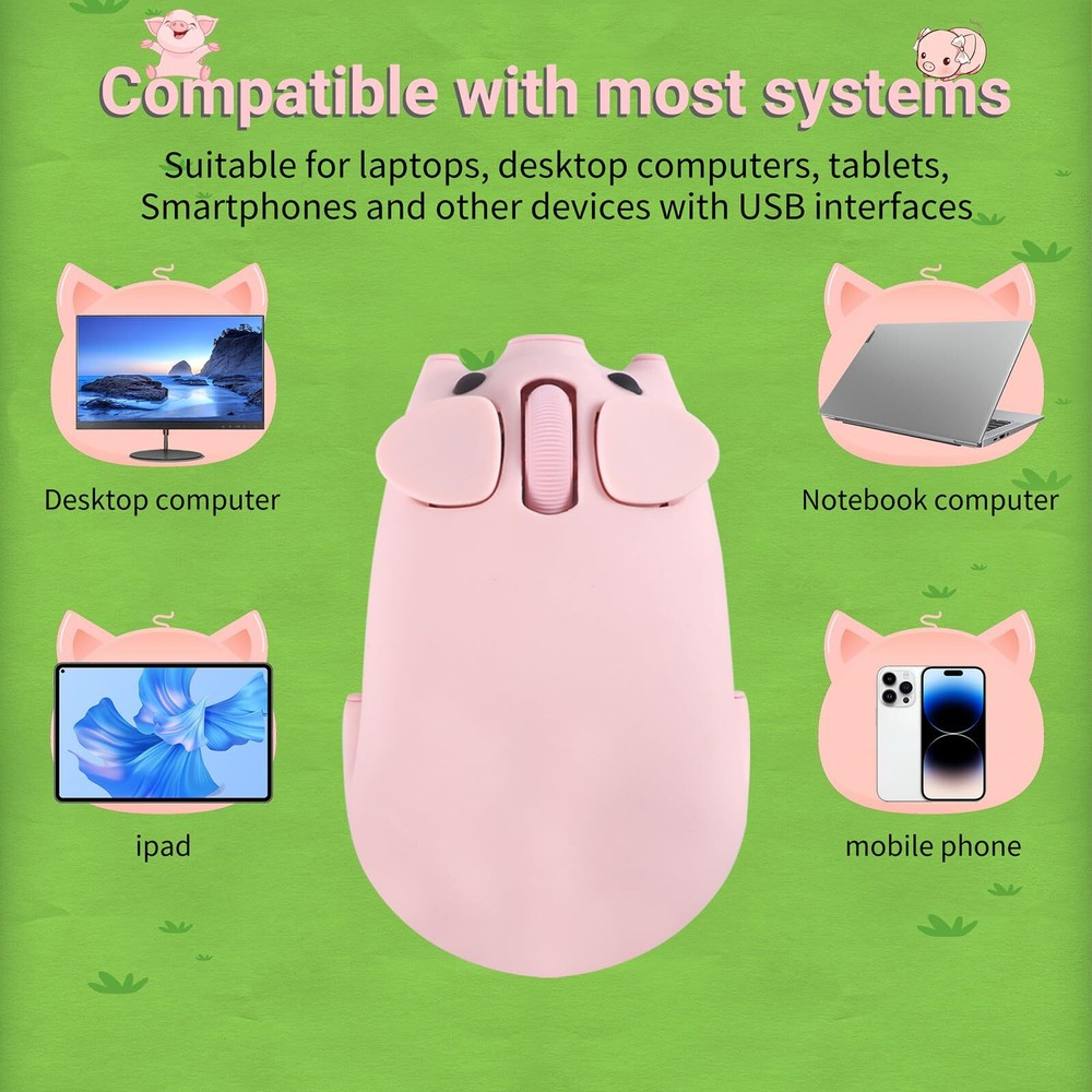 Cute Pig Design Wireless Mouse Dual Mode Bluetooth & USB Mouse Silent Operati...