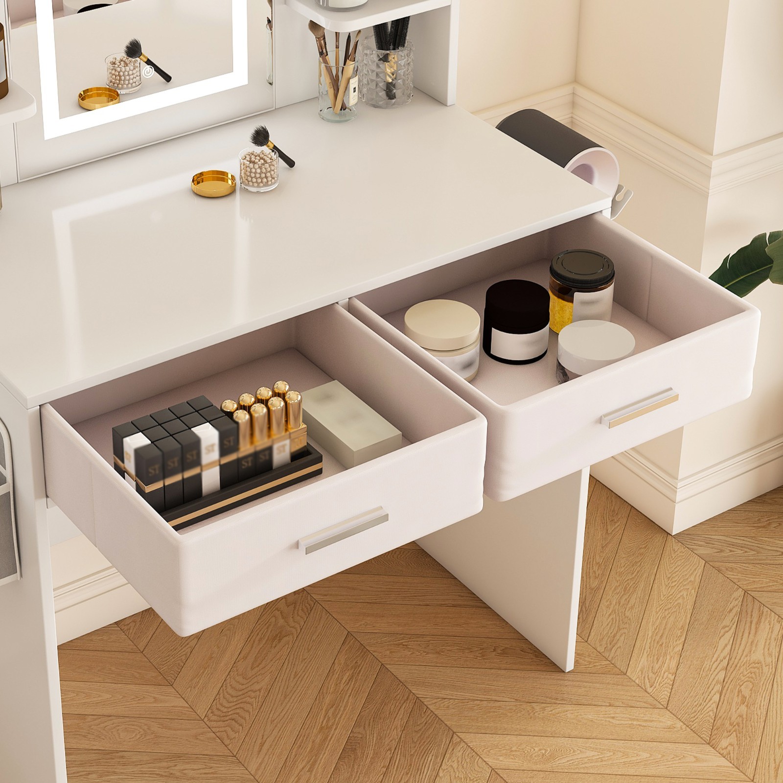 LED Mirror Vanity Dressing Table w/ Lights, 2 Large Drawers & Hair Dryer Stand