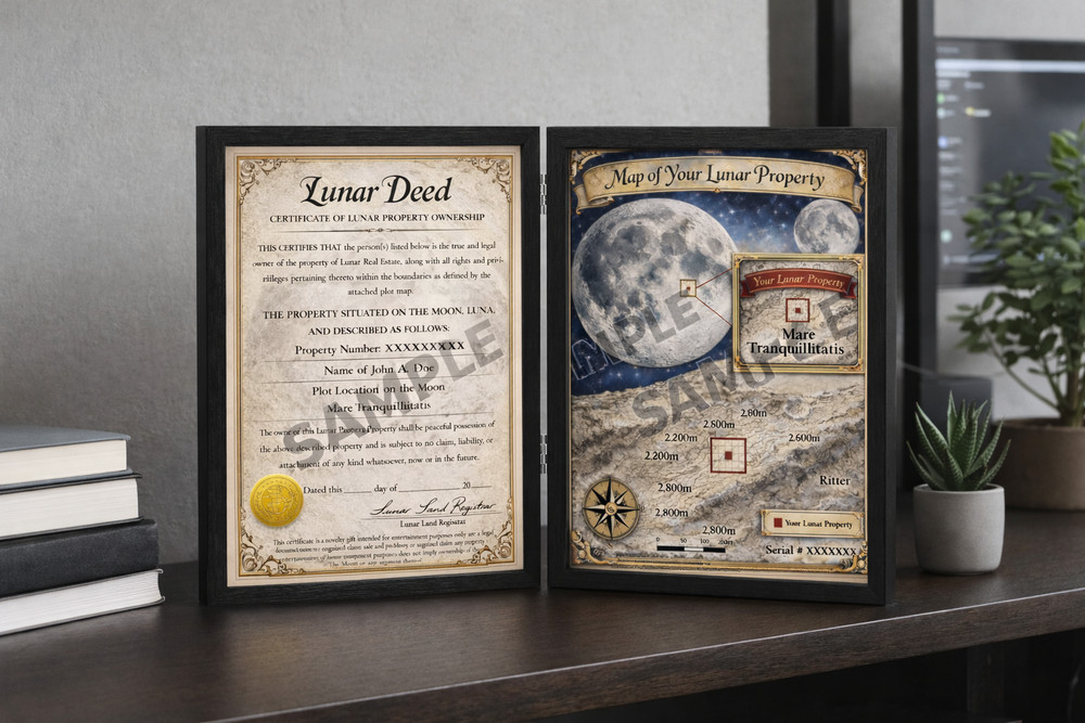 Moon Property Personalized Gift Novelty Framed Deed & Plot Map for Moon Property