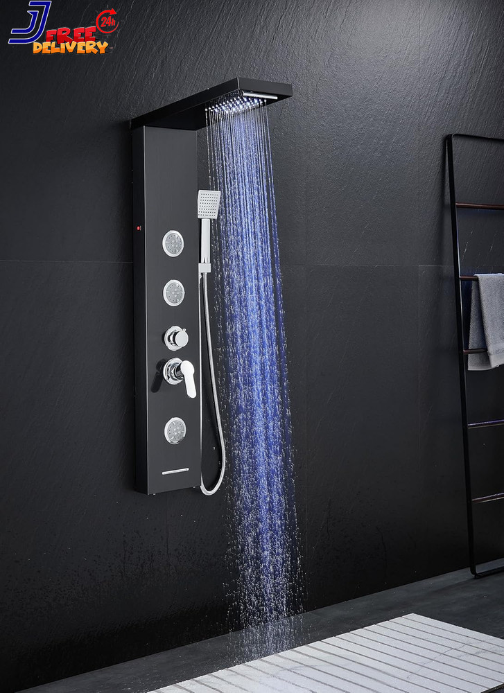 Multi-Function LED Lights Shower Panel System Black 5 in 1 Shower Panel NEW