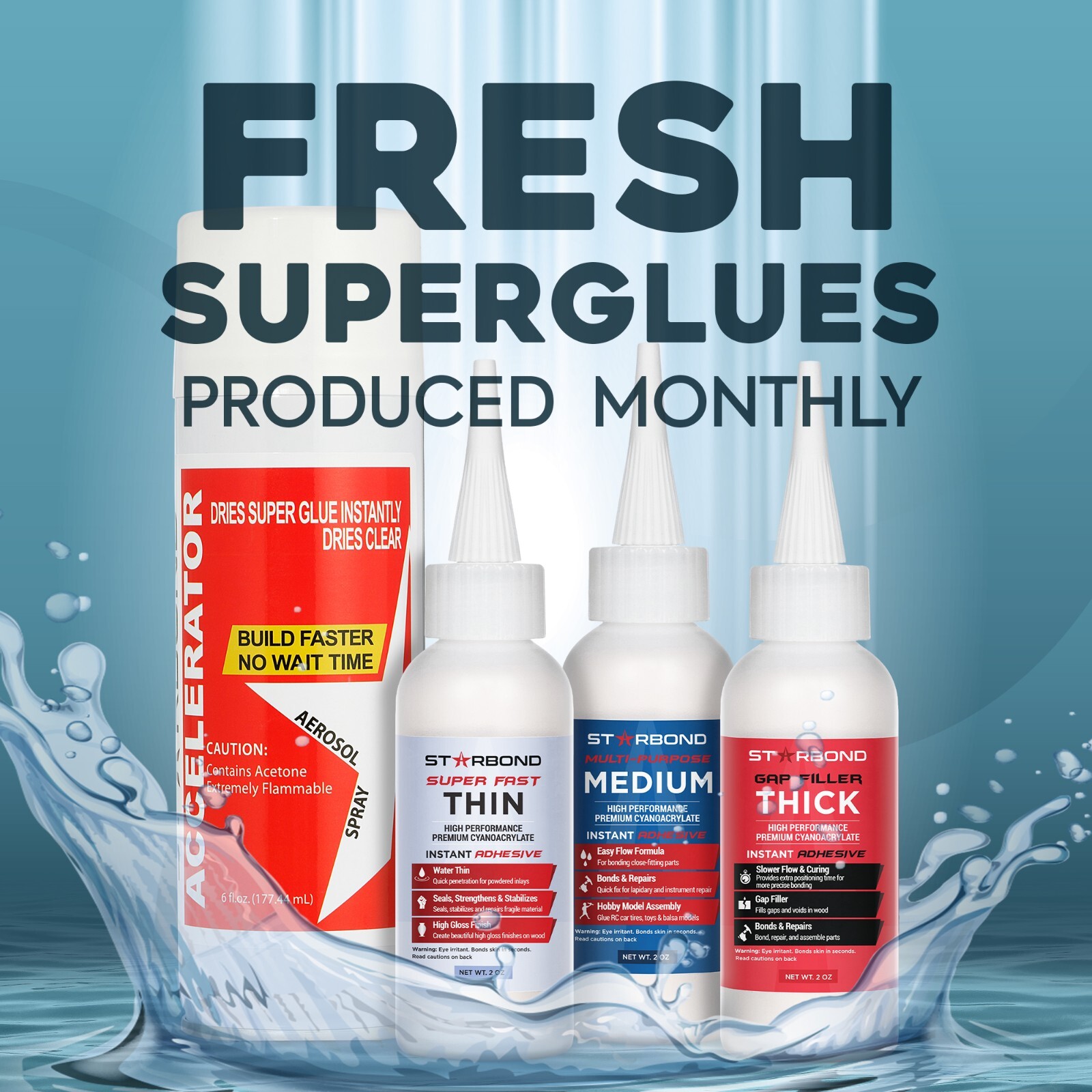 Starbond 2 oz. Thin, Medium, Thick Superglue (CA Glue) and 6 oz. Accelerator Kit