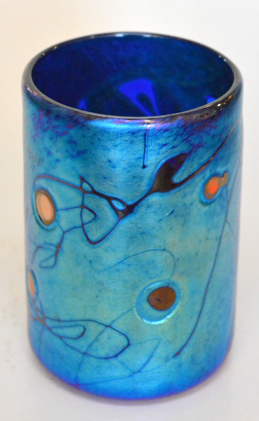 Blue Aurene Drinking Glass With Millefiori Design. Blown Glass
