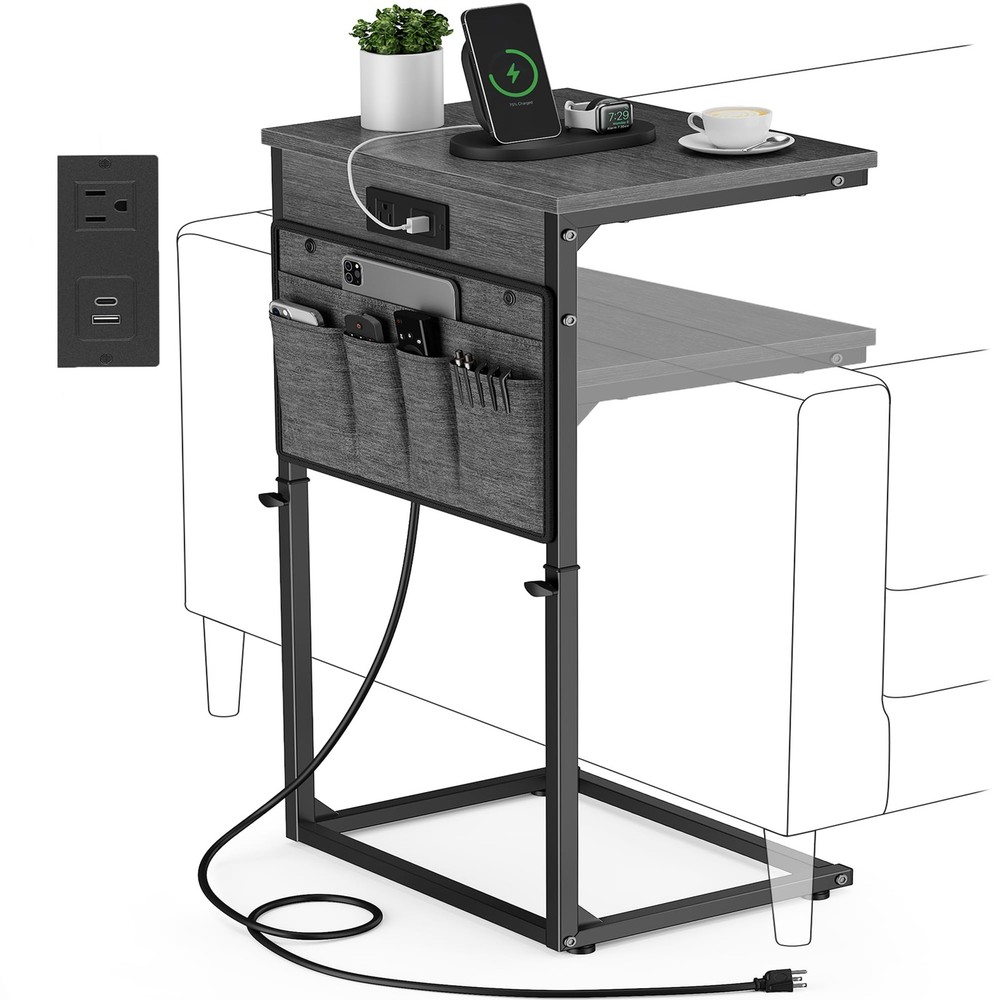 C Shaped End Table with Charging Station, 33" Tall Side Table for Couch, Sofa...