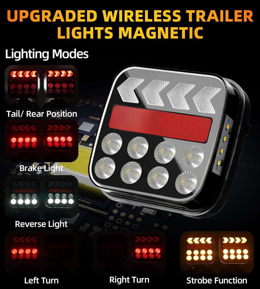 Magnetic Wireless Trailer Lights Kit with Strobe & Reverse Mode for Vehicles