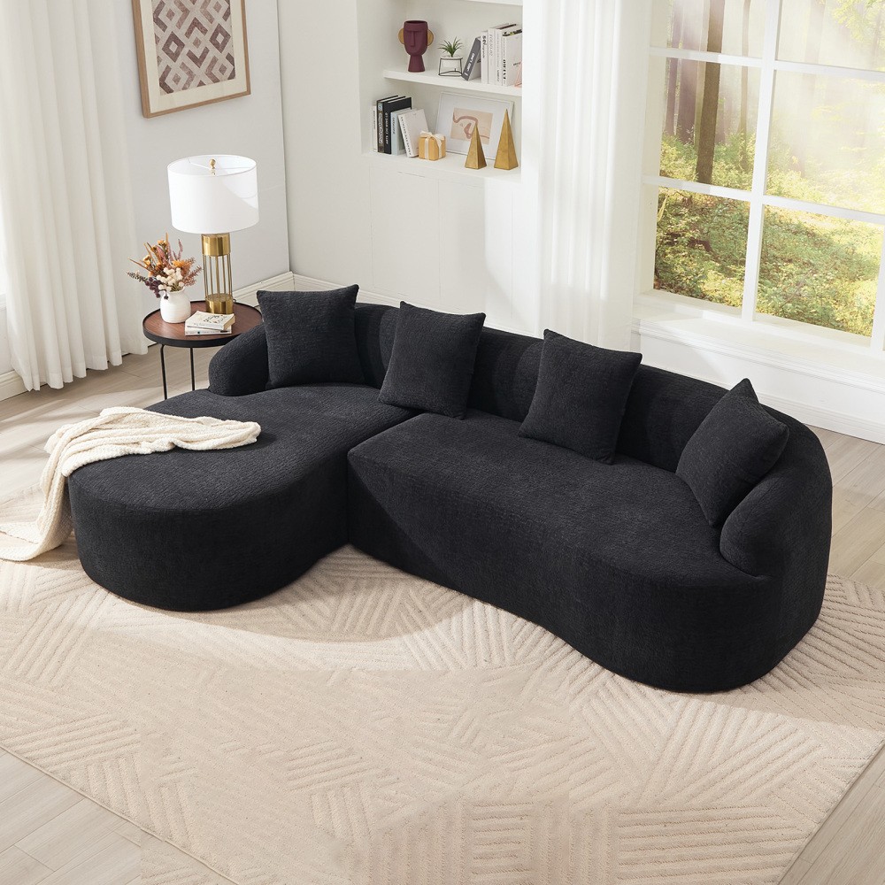 L-Shape Sectional Sofa w/ Chaise, Black Chenille Modular Couch, 30D Foam