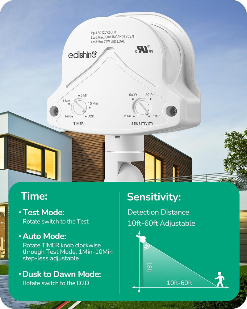 240° PIR Motion Sensor for Outdoor Lights – Adjustable Range & Time, White