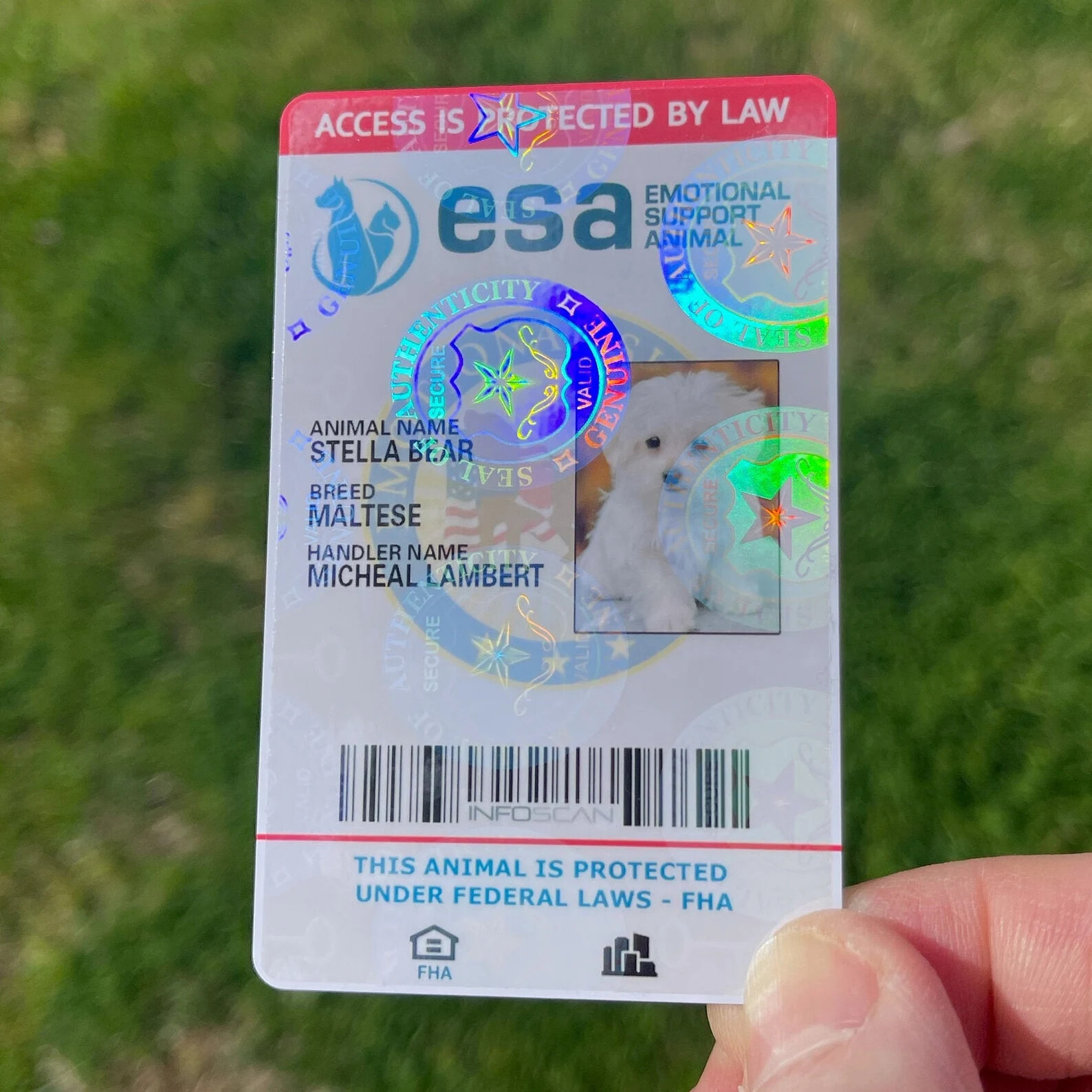 ESA ID CARD FOR EMOTIONAL SUPPORT DOG / CAT ANIMAL / SERVICE DOG - HOLOGRAPHIC