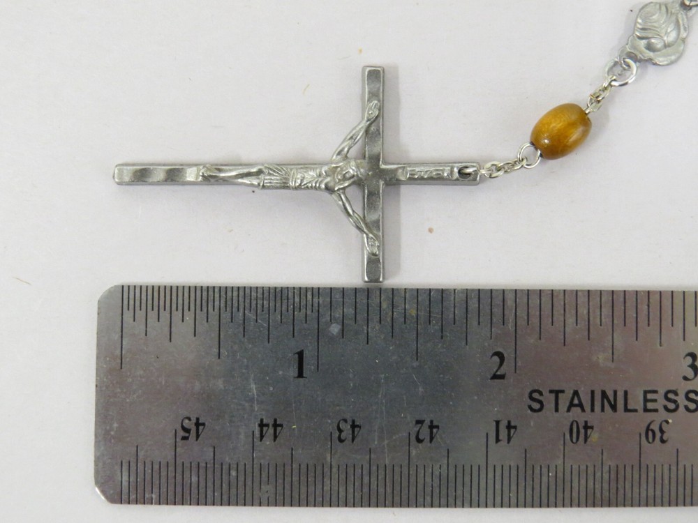 VTG Catholic St. Therese Ex Indumentis Wood Bead Five Decade Rosary