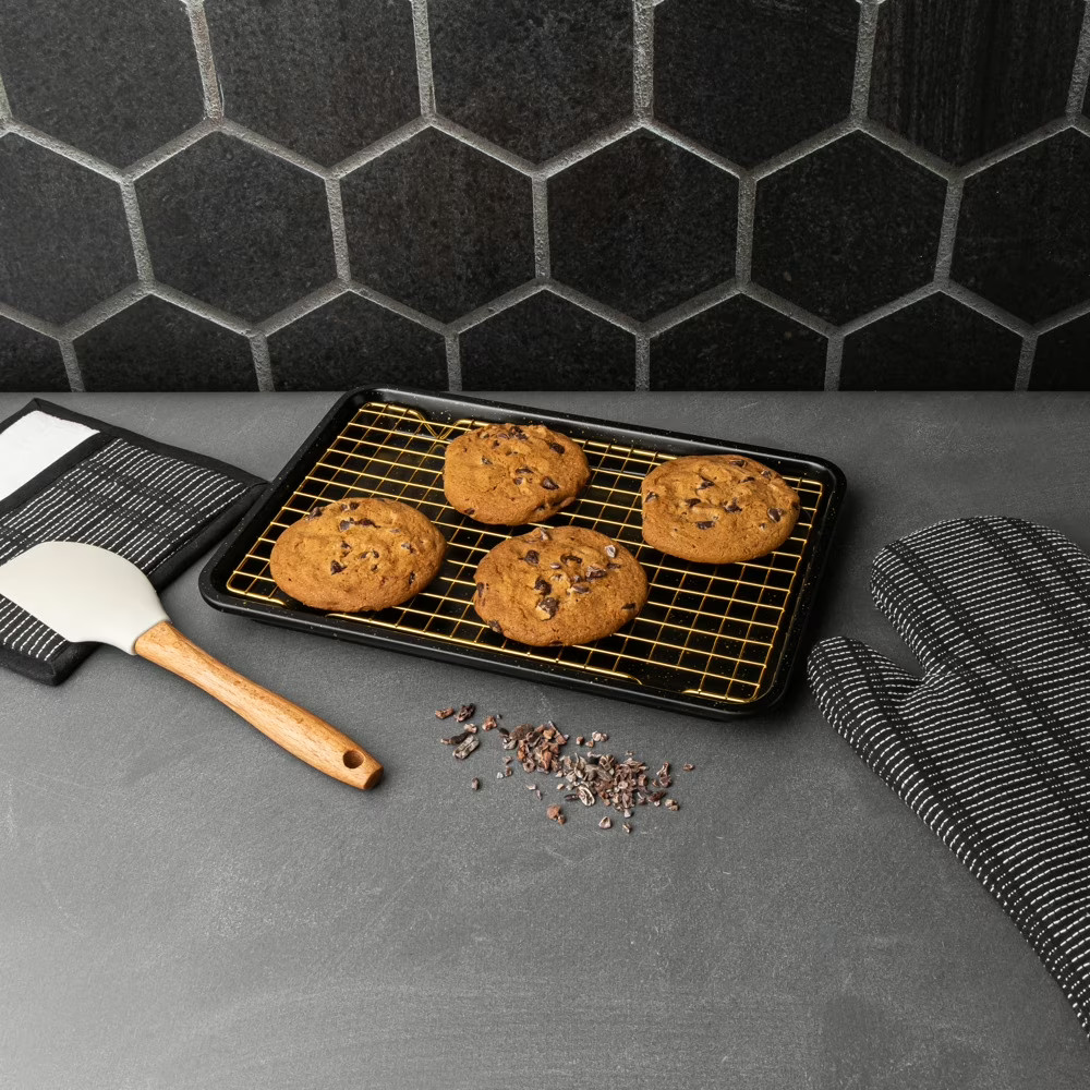 Thyme & Table Non-Stick Rectangle Baking Sheet with Gold Cooling Rack - Black