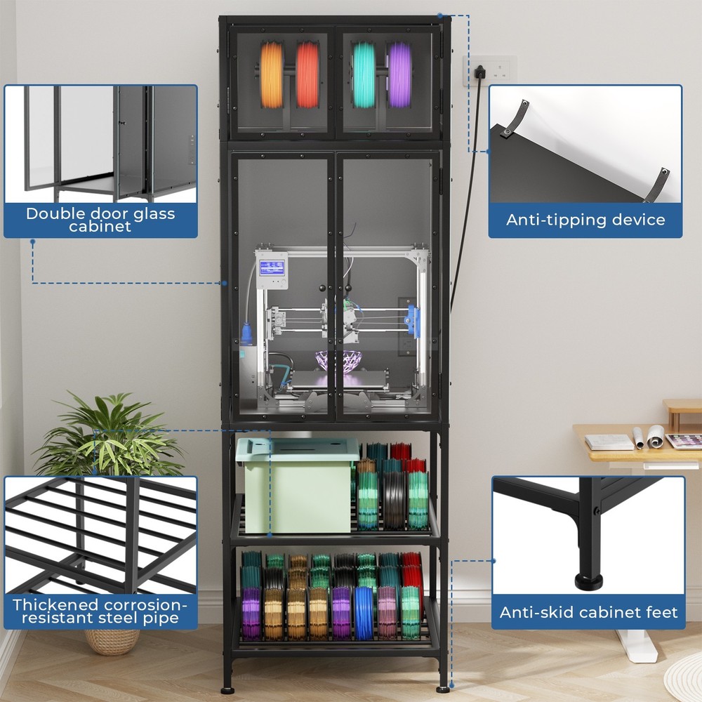 3D Printer Cabinet w/ Double Layer 3D Printer Filament Storage Rack for Studio