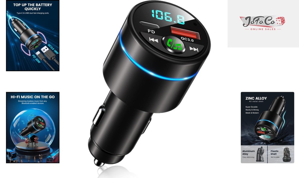 Compact Bluetooth Car Adapter with Noise Cancelling Hands-Free Call Feature