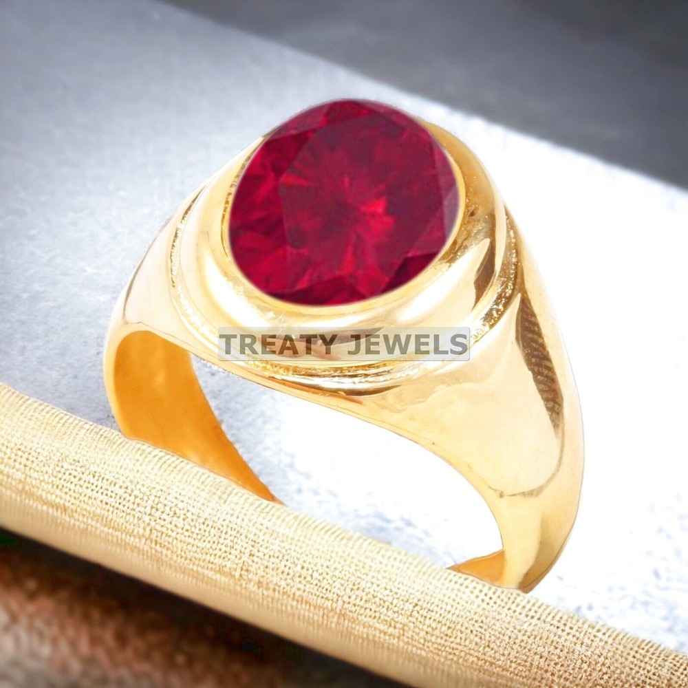 Ruby Oval Cut With 14K Solid Yellow Gold Ring For Men's #A515