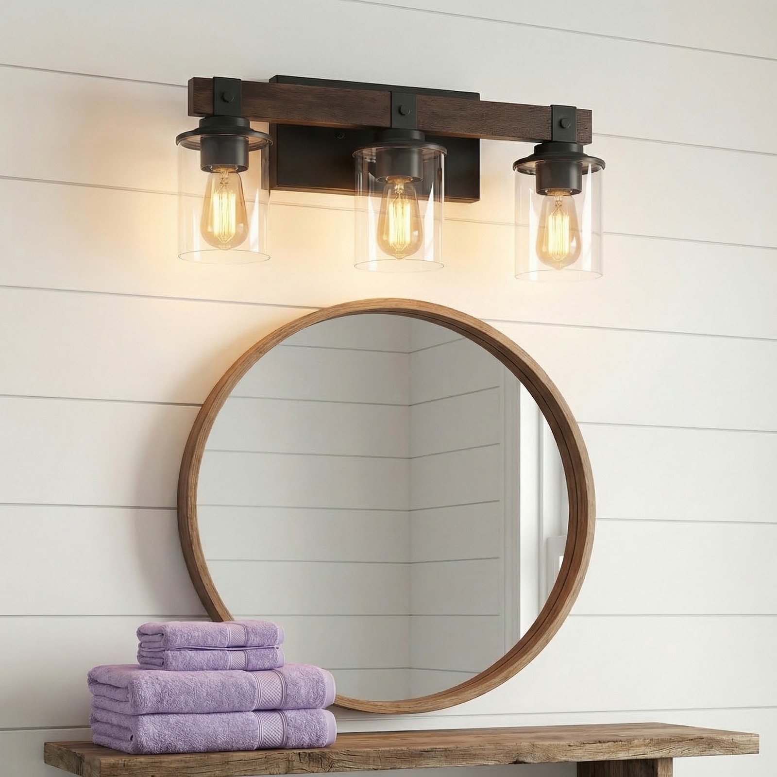 19" Vintage Vanity Light Bathroom Mirror Wall Lamp 3 Lights Rustic Wood Fixture