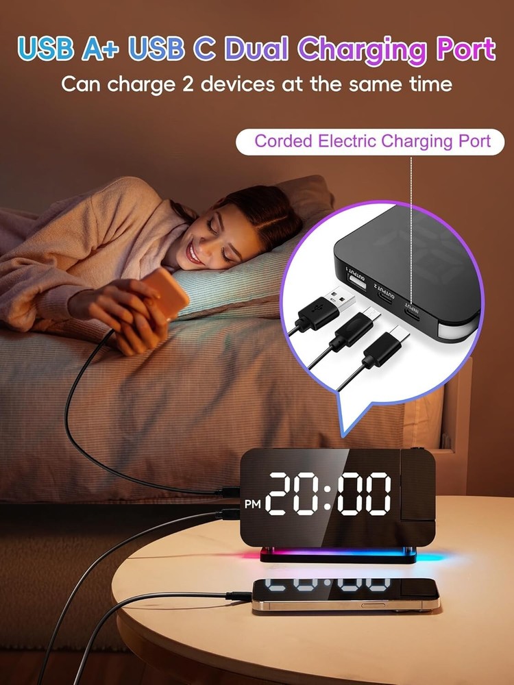 Projection Alarm Clock, Digital Clock with 180° Rotatable 3-Level Brightness