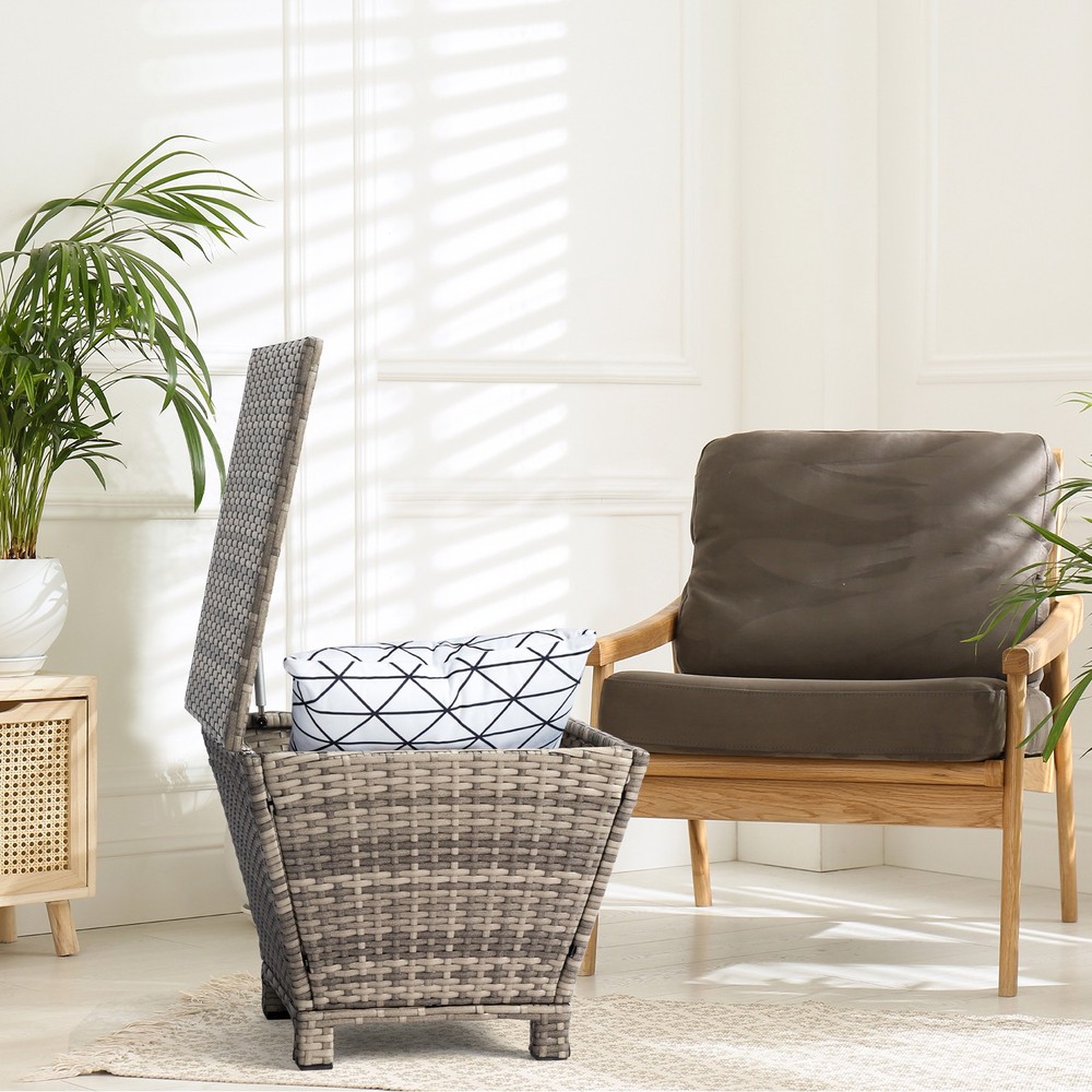 Outdoor PE Wicker Side Table with Storage, Small Patio Storage Bin Container