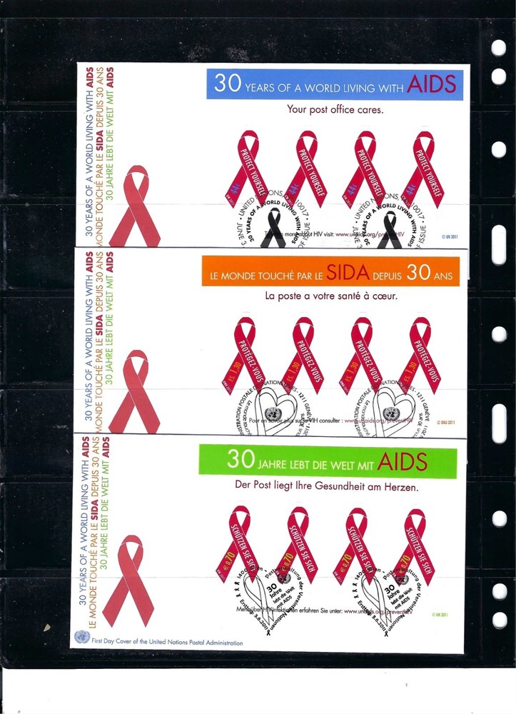 2011 LIVING with AIDS FDC's (Souvenir Sheets) - UNPA Cachet (474A)
