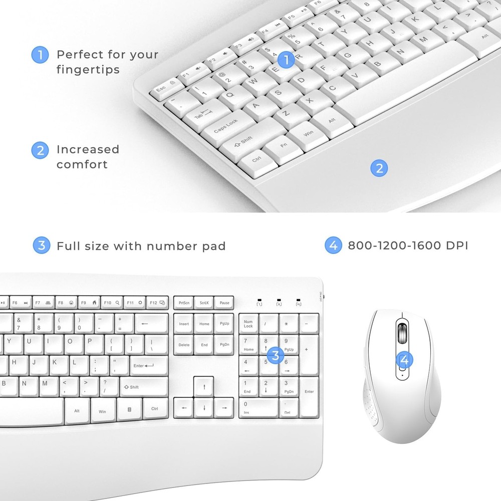 Ergonomic Keyboard and Mouse Combo, Full Size Cordless Computer Keyboard with...