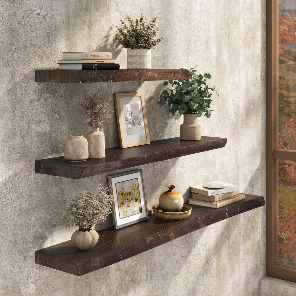 48" Rustic Elm Floating Shelves - Solid Wood Live Edge with Invisible Bracket...