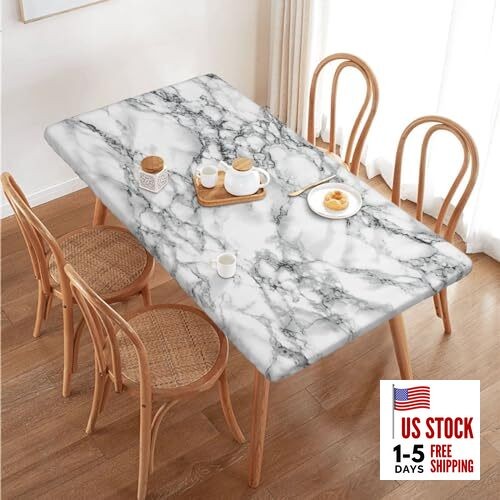 Black and White Marble Tablecloth with Elastic Edge for 4ft Rectangle Table,