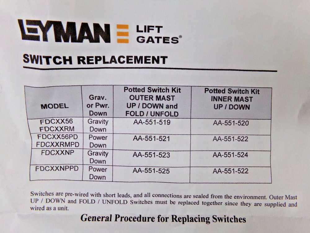Leyman Lift Gate AA-551-522 Inner Switch Replacement, Potted