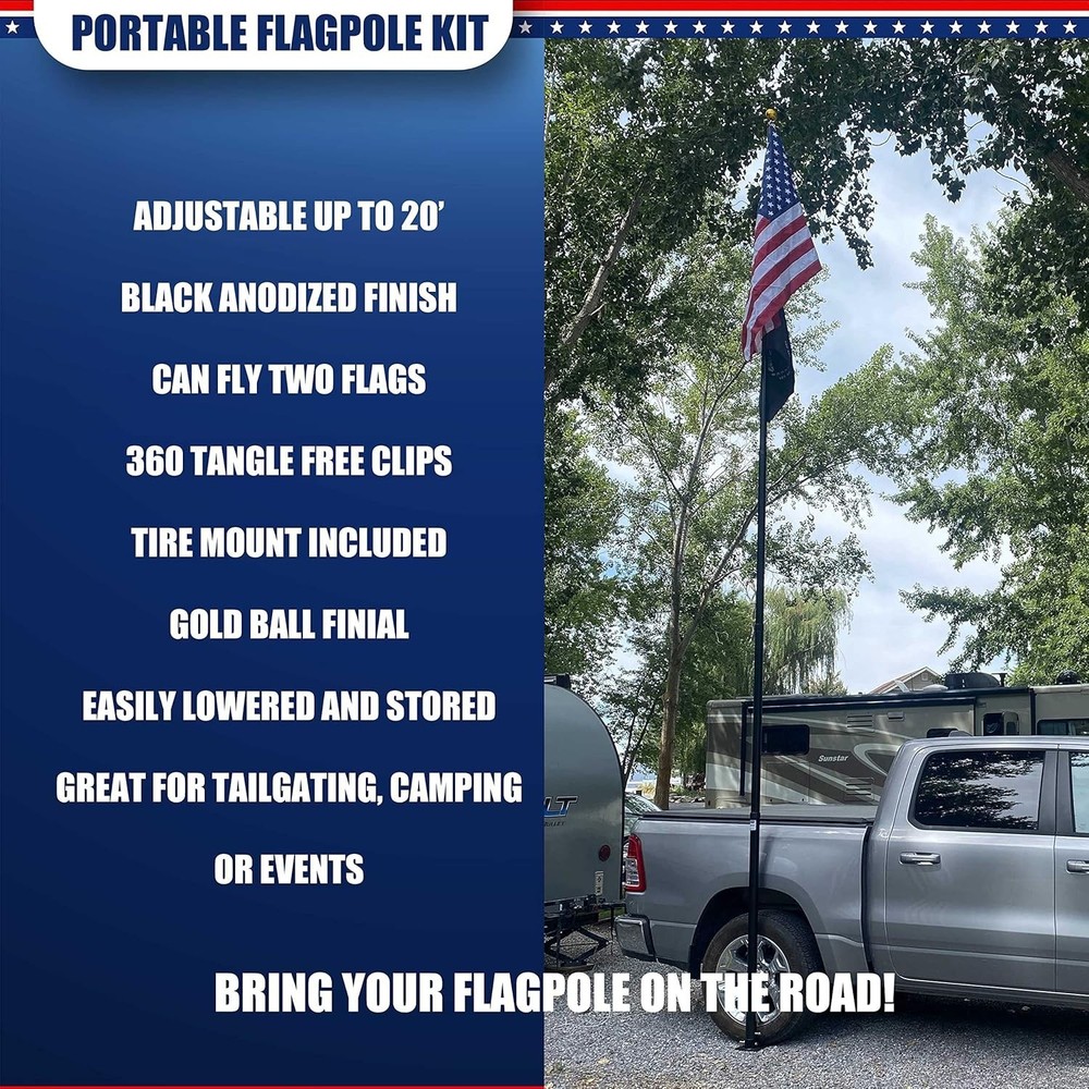 Black Complete Tailgate Flag Pole Package 20FT Black with Stainless Steel Tir...