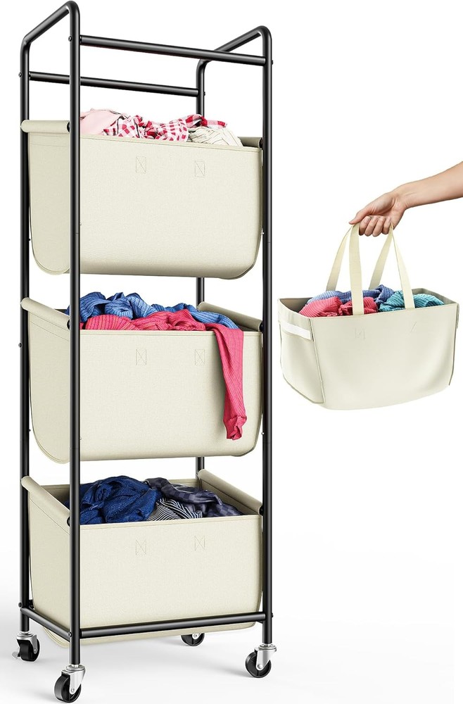 Vertical Laundry Sorter 3 Section W/ Shelf Laundry Hamper W/ Removable Bag 120 L