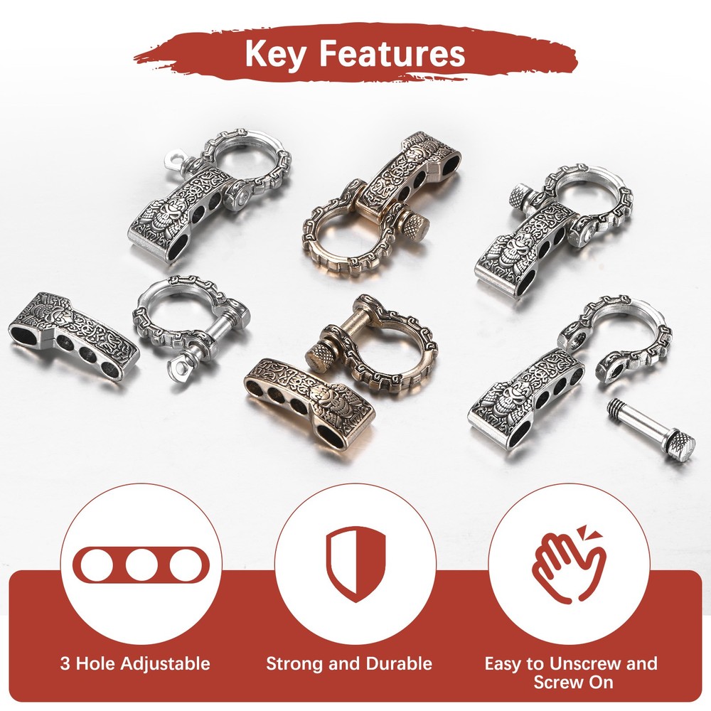 10-Pack Paracord Bracelet Shackle Buckle Pattern [Silver, Flat Head]