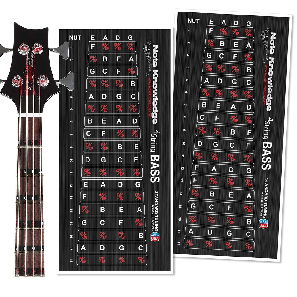 Bass Guitar Fretboard Note Map Decals/Stickers for Learning Notes, Chords & S...