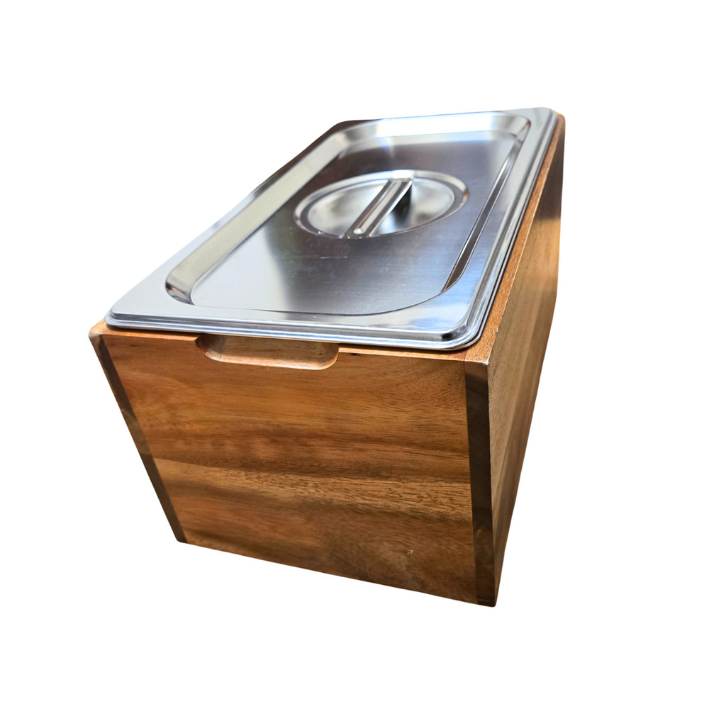 Solid Cedar Box Buffet Server Stand and 1/3 sz Stainless Hotel Pan & Lid, 6" H
