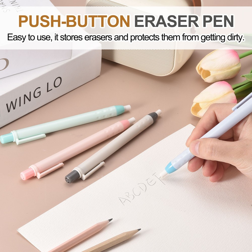 2+6Pcs Retractable Eraser Pen, with 6Replacement Rubber Refill, Light Green TPE