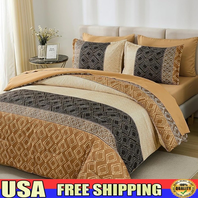King Comforter Set Striped Bed in a Bag King 7 Pc Soft Boho Bedding Brown