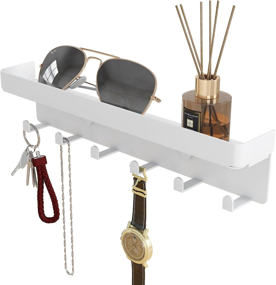Wall Mount Rustic Key Mail Organizer with 6 Hooks and Shelf White Metal