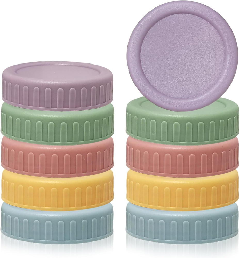 10 Colored Plastic Lids, 70Mm Inner Diameter, Regular Mouth with Silicone Ring,