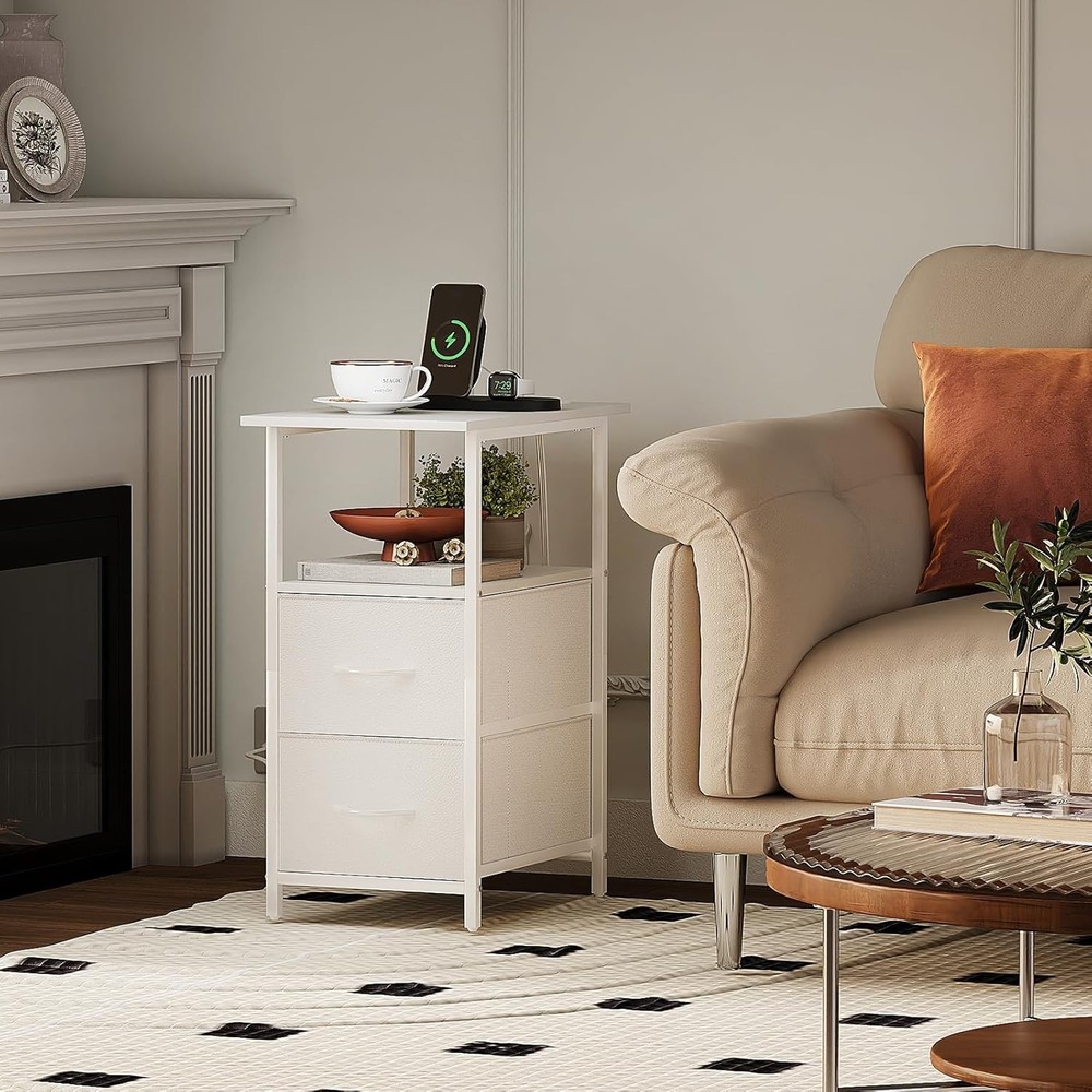 Somdot End Table with Charging Station,Narrow Side 2 Fabric White