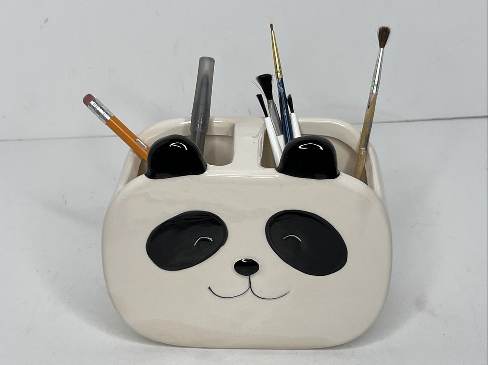 Isaac Jacobs Ceramic Panda Head 2-Section Multipurpose Organizer Caddy Vase READ