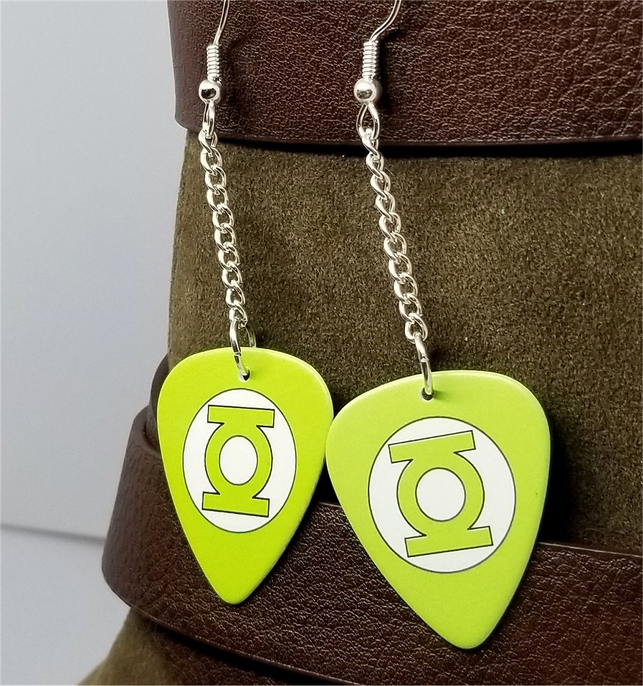 Green Lantern Dangling Guitar Pick Earrings