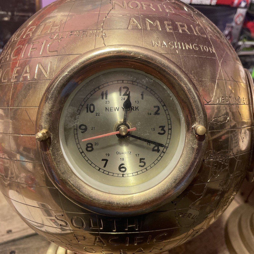 BRASS WORLD GLOBE CLOCK W/FIVE CLOCKS BEVELED GLASS