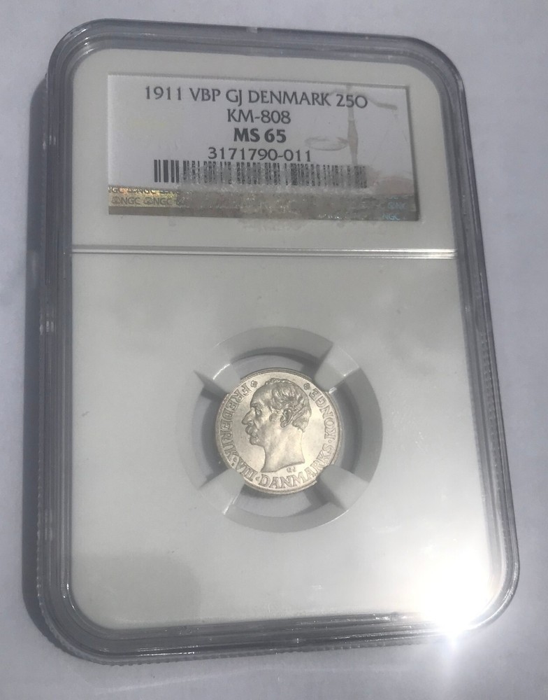 1911 Denmark Silver 25 ore- NGC MS 65