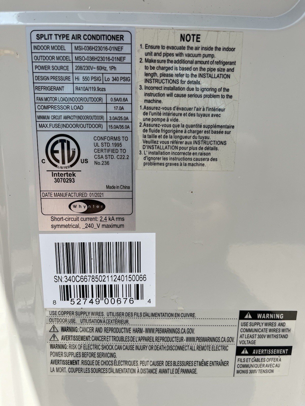 A/C 36000btu Inverter Split System