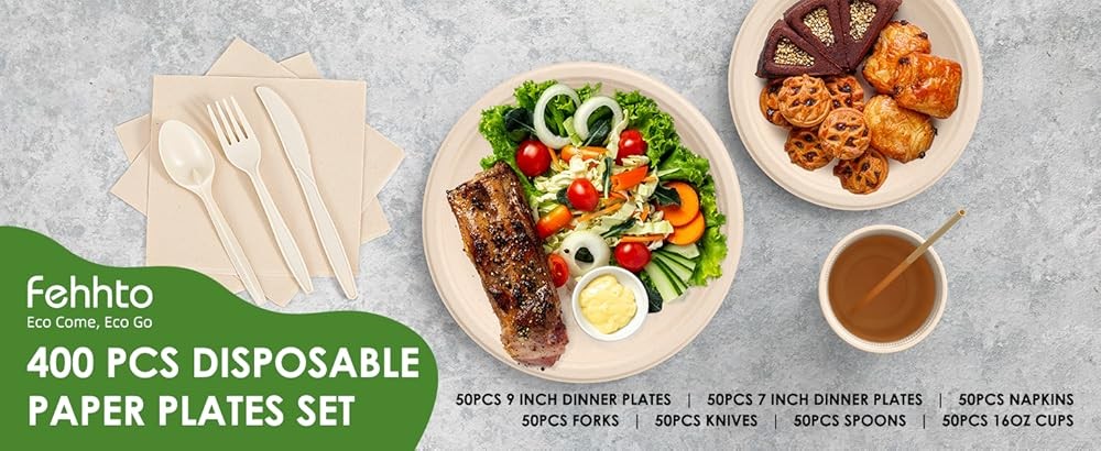 Disposable Paper Plates Set, postable Eco-friendly Dinnerware Set,