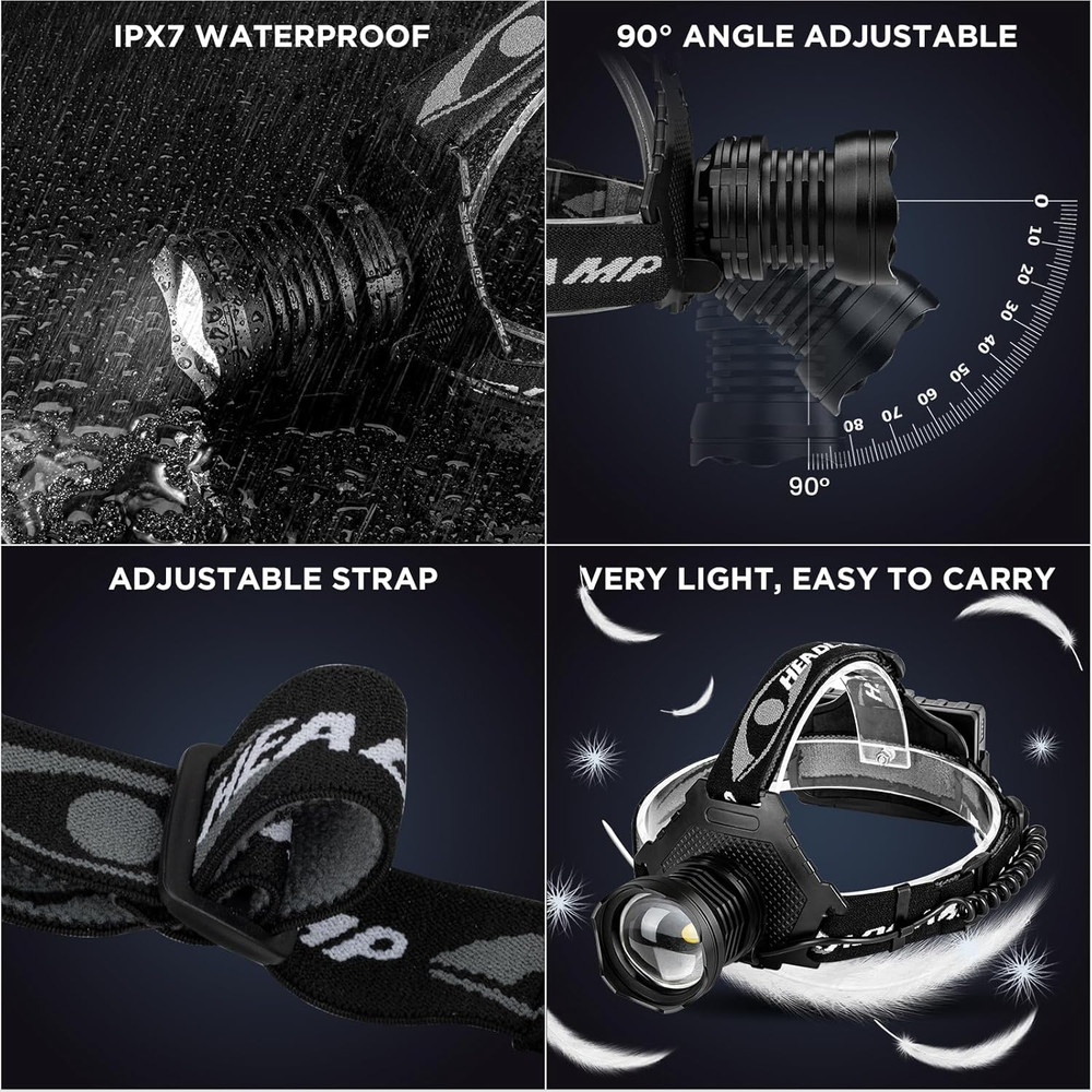 Linterna Frontal Recargable 3000 Lumenes LED 5 Modos Impermeable Ajustable