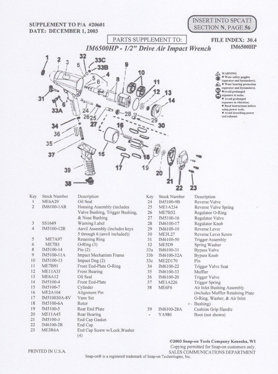 SNAP ON IM6500HP TUNE UP KIT WITH BEARINGS FOR 1/2" DRIVE MODELS