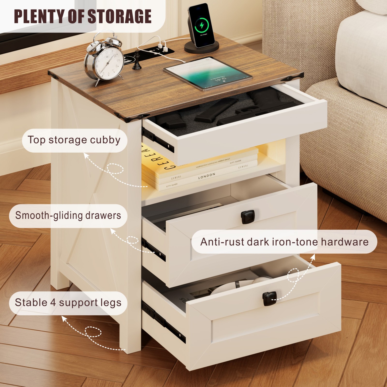 Night Stand with Gun Drawer, Bedside Table with Charging Station and LED Lights