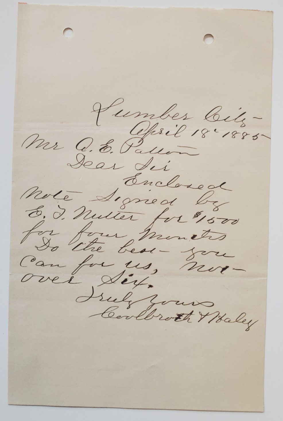 1885 Letter, Cerlbroth? & Haley, Lumber City, PA, To A.E. Patton (Curwensville)