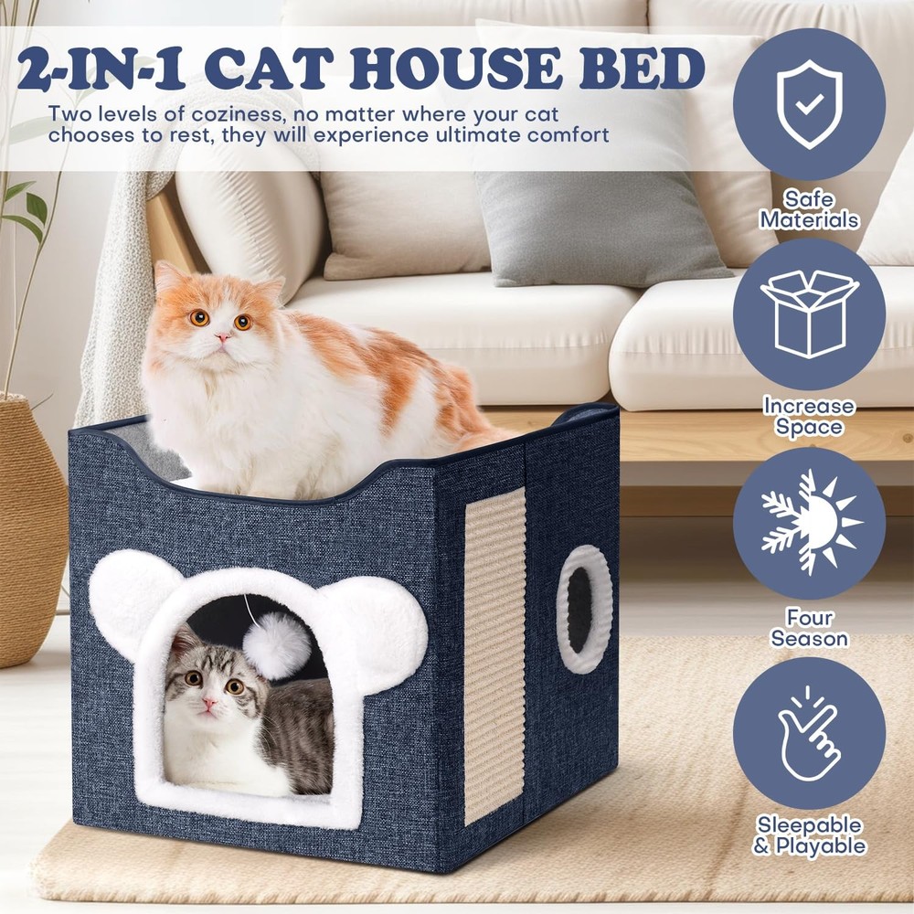 Cat Bed Large Foldable Cat Cave House with Scratch Pad - Indoor, Multi-Cat