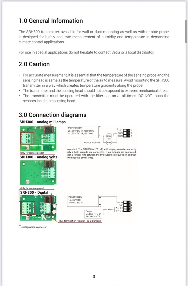 SETRA SRH3002W105SSN3BB Humidity Temperature Transmitter BACnet MS/TP