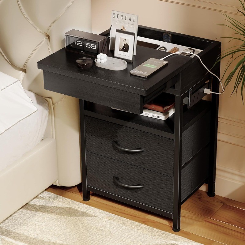 Hidden Drawer Charging Table - Night Stand with Charger Station and Sliding Top